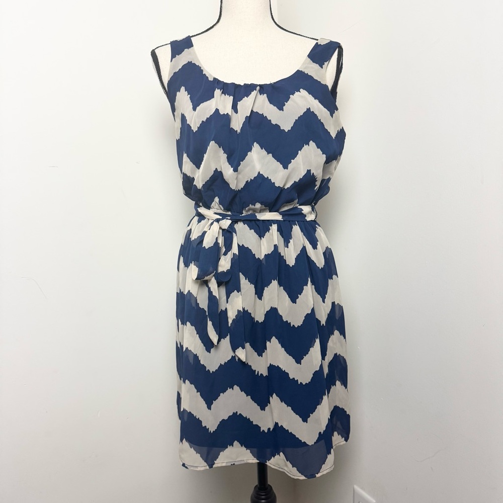 Lily Rose Blue And Tan Y2K Chevron Sleeveless Mini Dress Tie Waist V Back Size S
